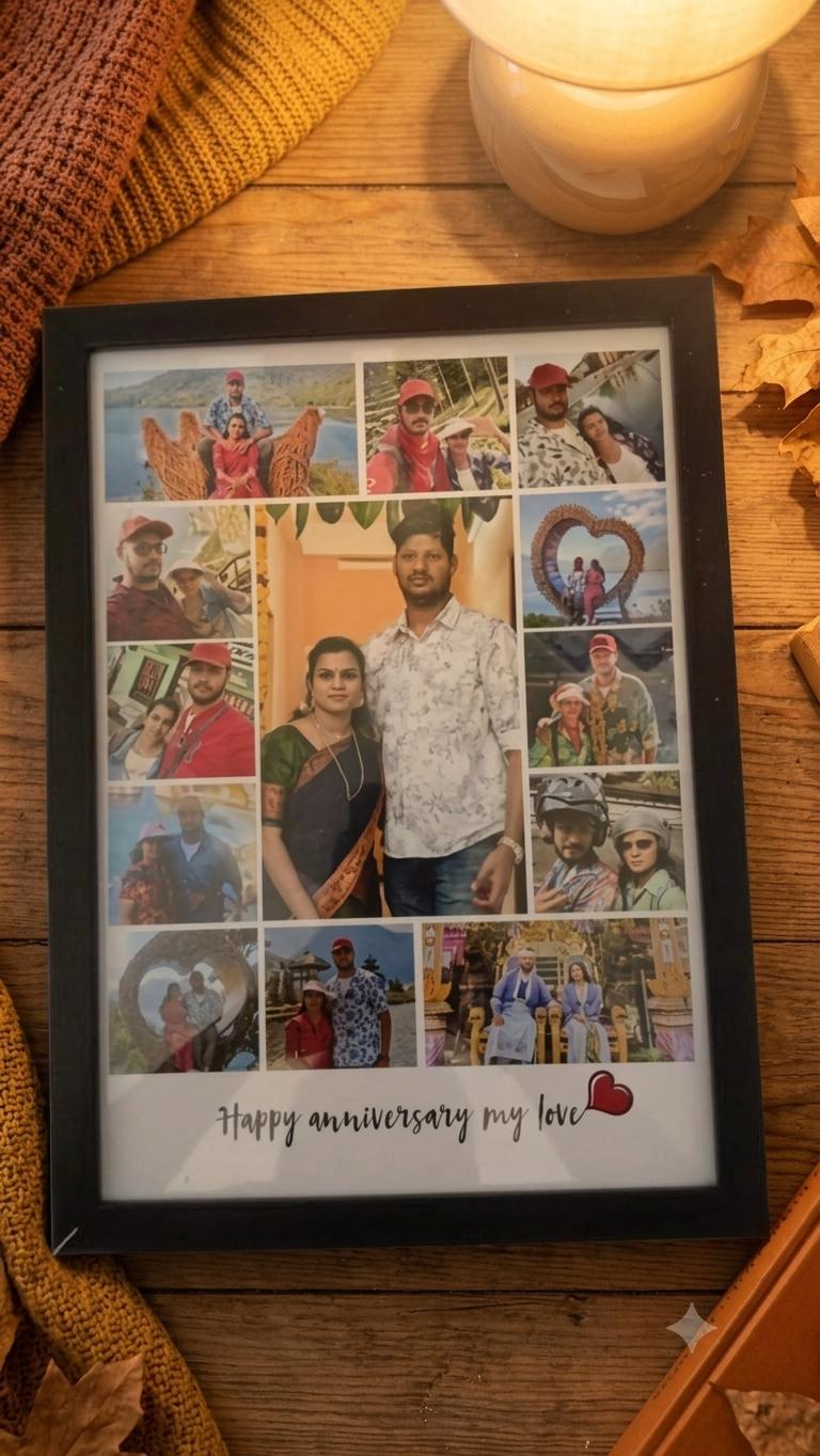 A4 anniversary photo collage in a black frame with a personal love caption