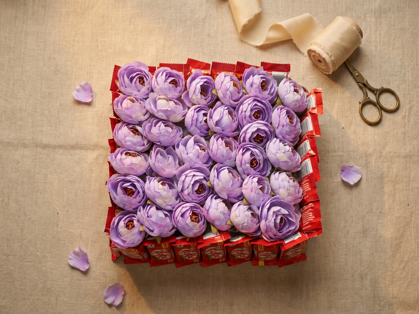 Lilac flower and KitKat chocolate box, overhead view